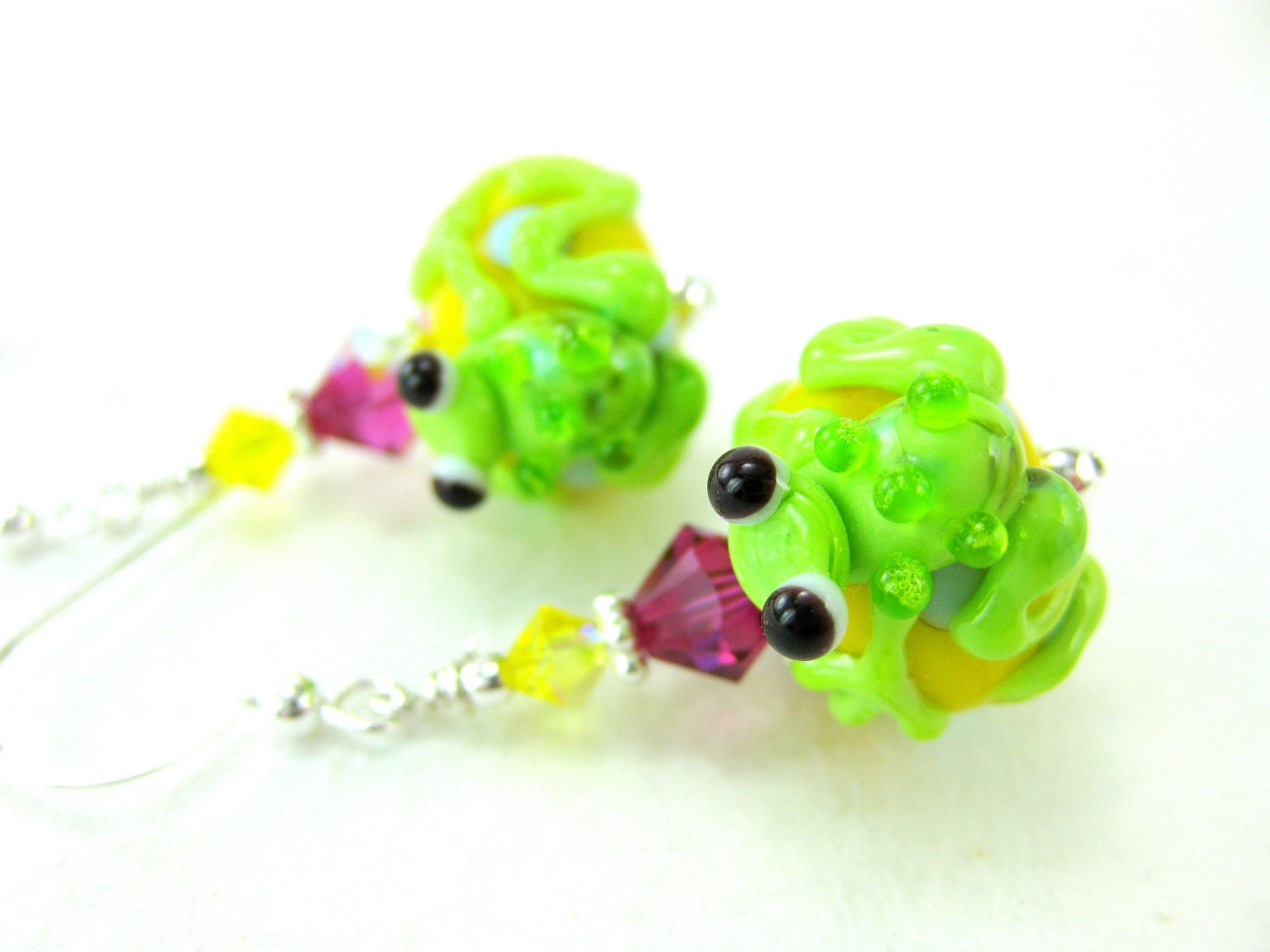 Frog Earrings, Lime Green Frog Lampwork Earrings, Green Yellow Pink Glass Earrings, Neon Earrings, Animal Earrings - Leap Frog