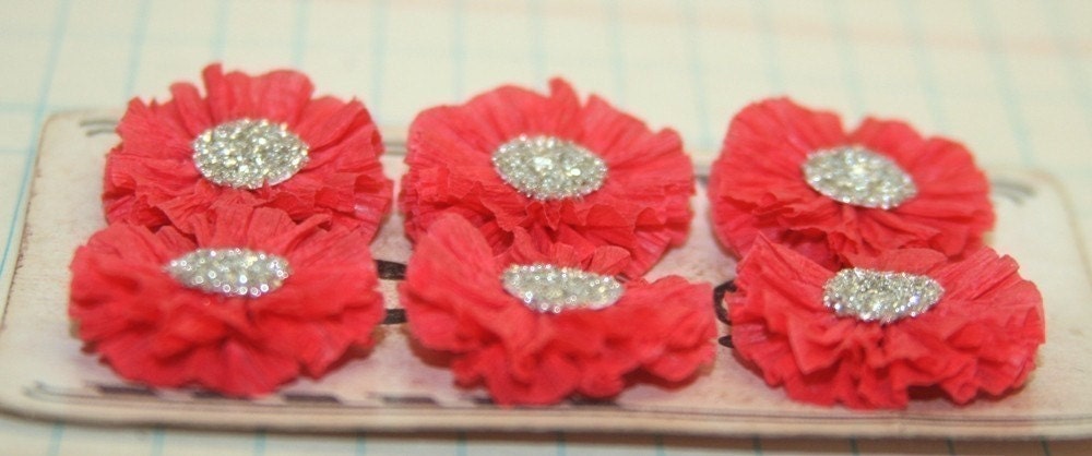 6 Small Red Crepe Paper Flowers