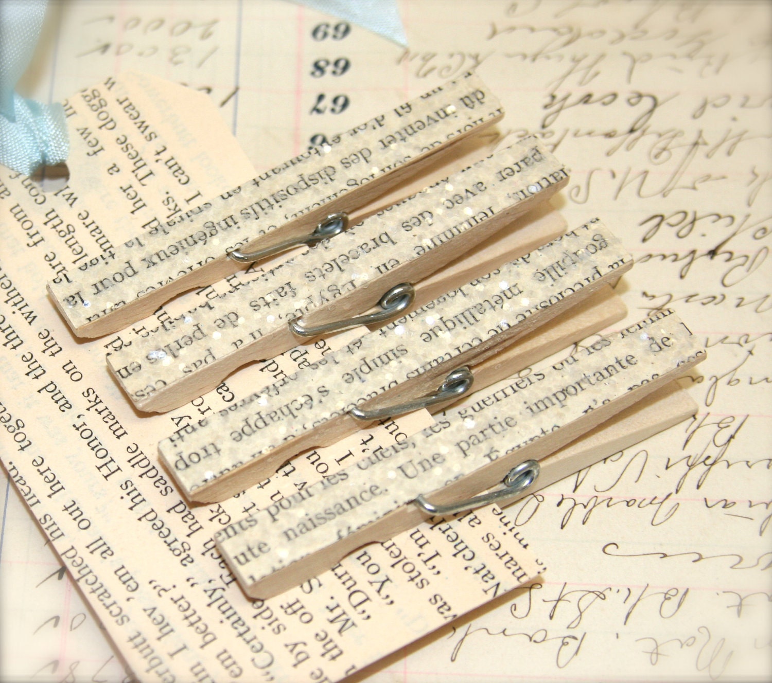 Vintage French Text  and Glitter Decorative Clothespin Magnets