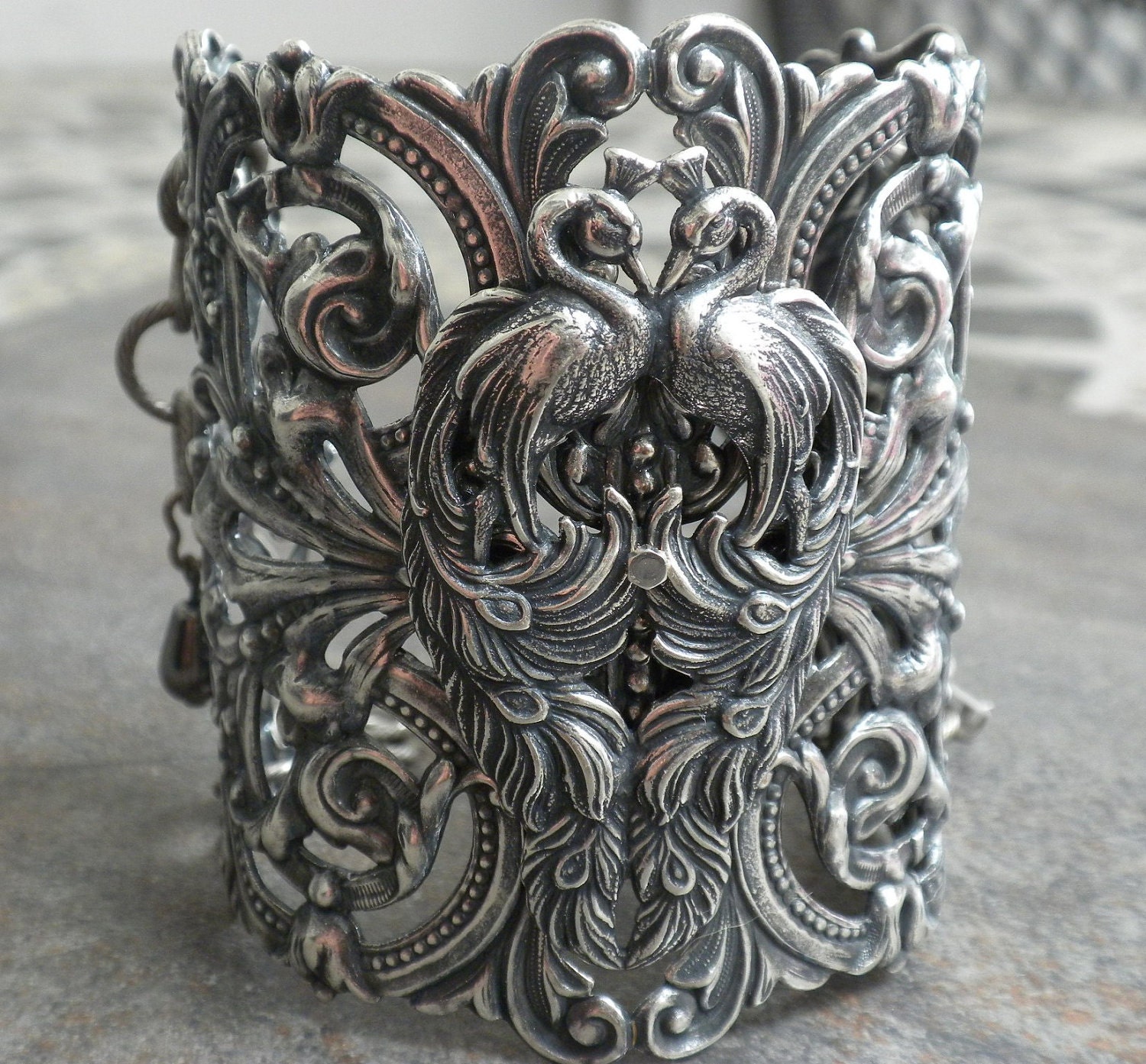 Extra Wide Silver Filigree Peacock Cuff Fashion Bracelet