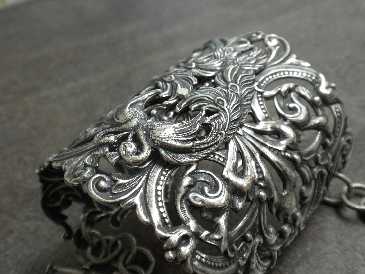 Extra Wide Silver Filigree Peacock Cuff Fashion Bracelet