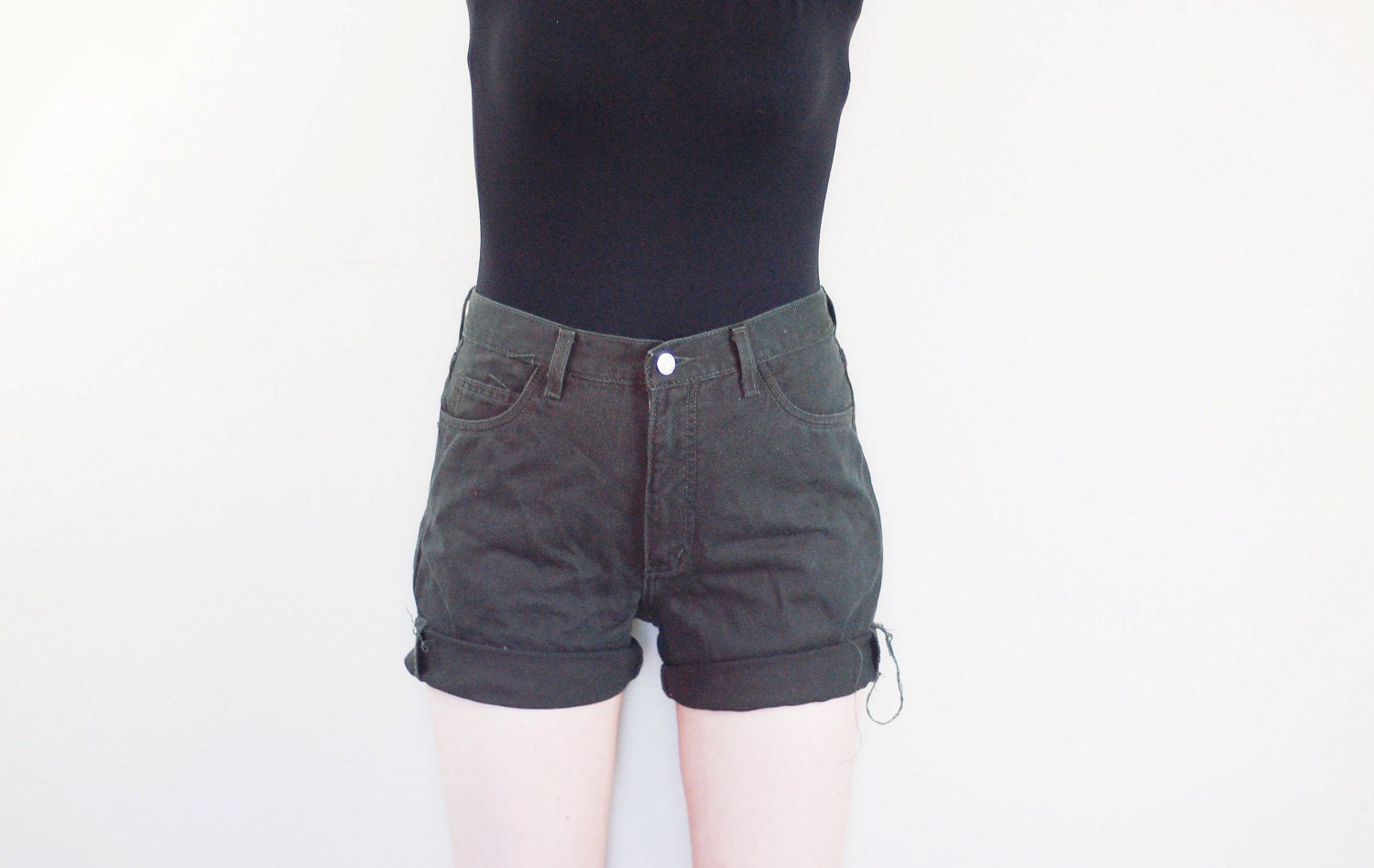 Olive Green High Waist Denim Cut Off Shorts - M