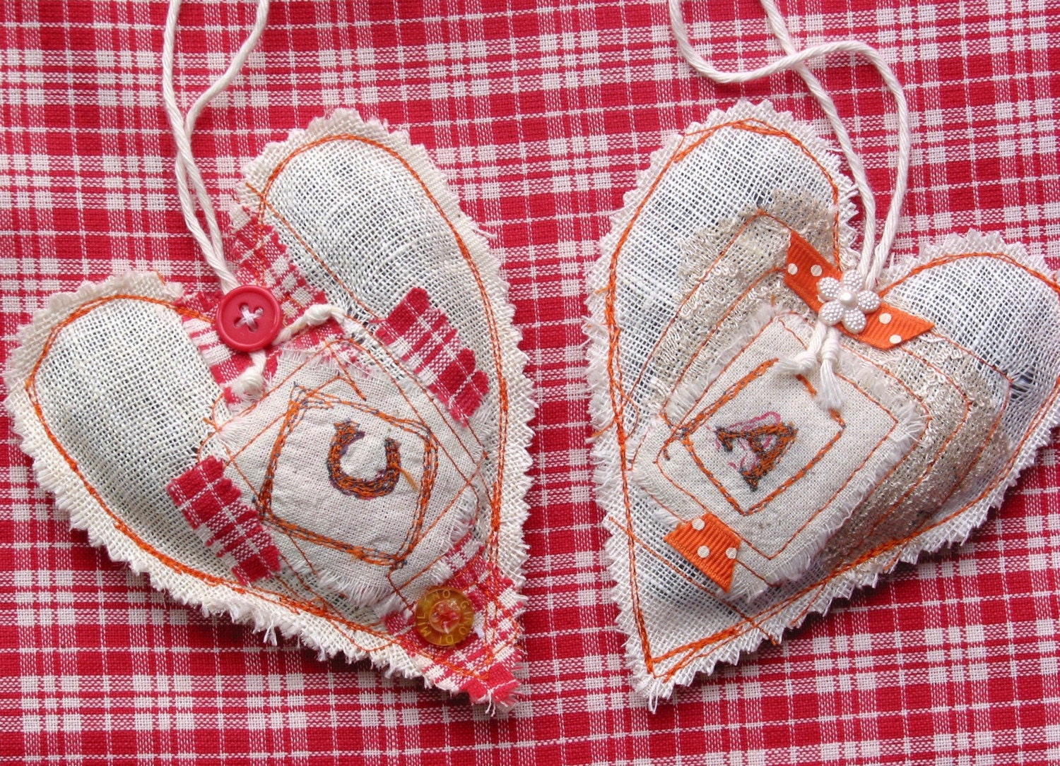 sachets pillow ornament white  red heart lavender  monogrammed collaged
