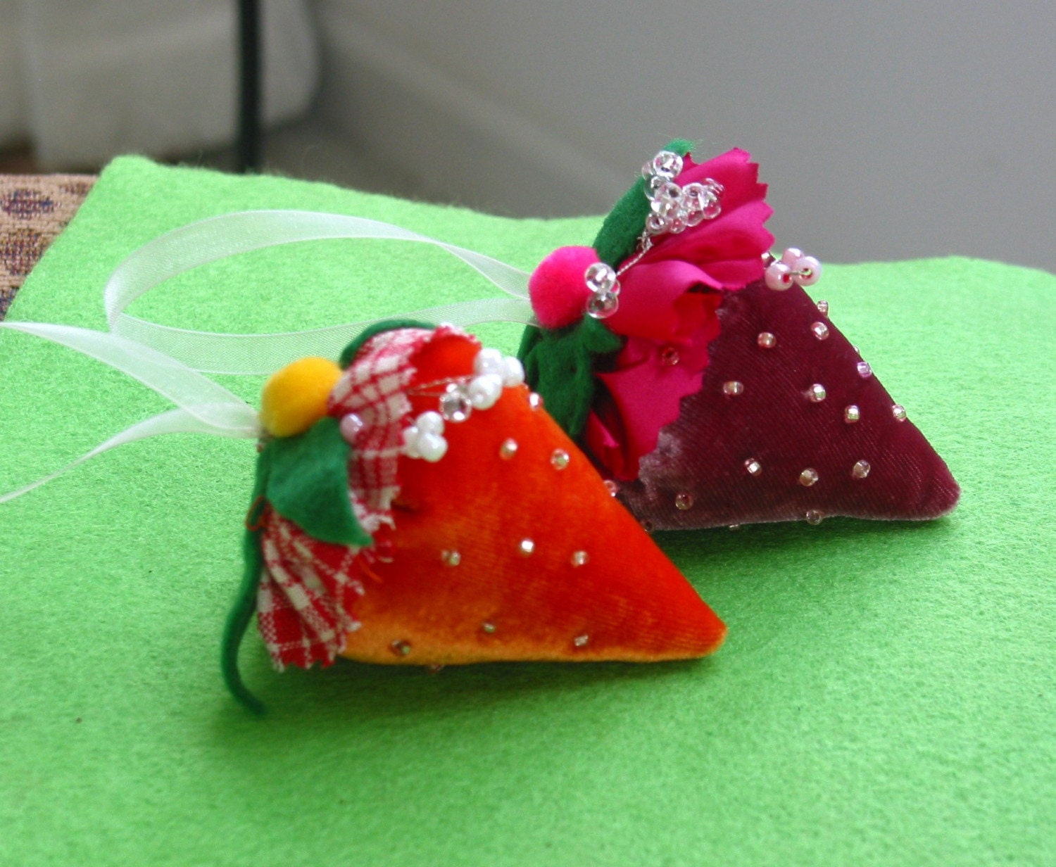 Strawberry pincushion ornament pink velvet silk bead