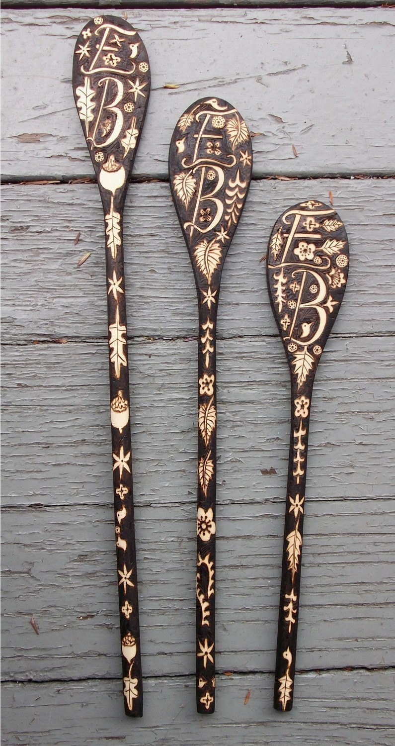 3 custom monogrammed spoons-oak aspen maple leaf acorn night forest style, ooak design, woodburning personalized
