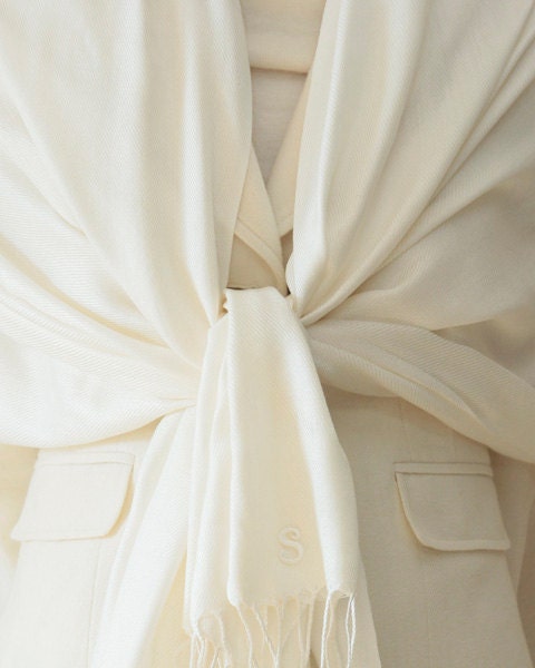 Wedding party Bridesmaid Gifts, Ivory bridesmaid pashmina shawl, bridal shawl, initial monogram scarf, bridal wrap