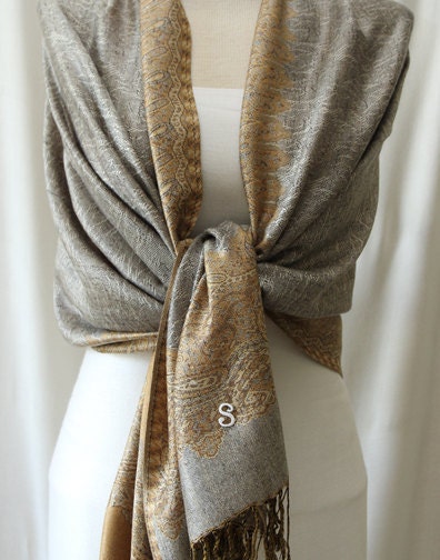 Soft silver and gold paisley edge shawl, scarf, wrap, mother of the bride gifts, monogrammed gifts