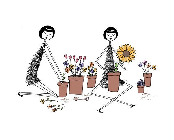 Gardening drawing // 4x6 art print // Planting flowers illustration
