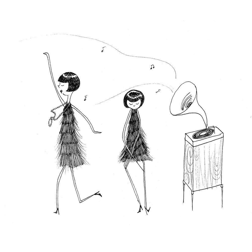 Flappers dance the Charleston // black and white 4x6 art print drawing