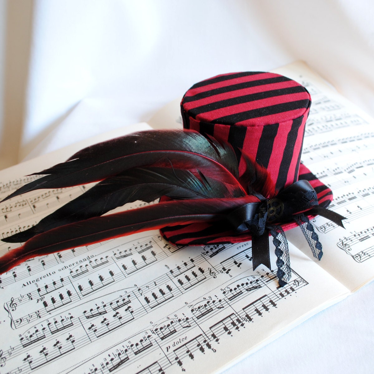 Gothic Mini Top Hat - Black and Red Stripes - Ready to Ship - RagDolliesMadhouse