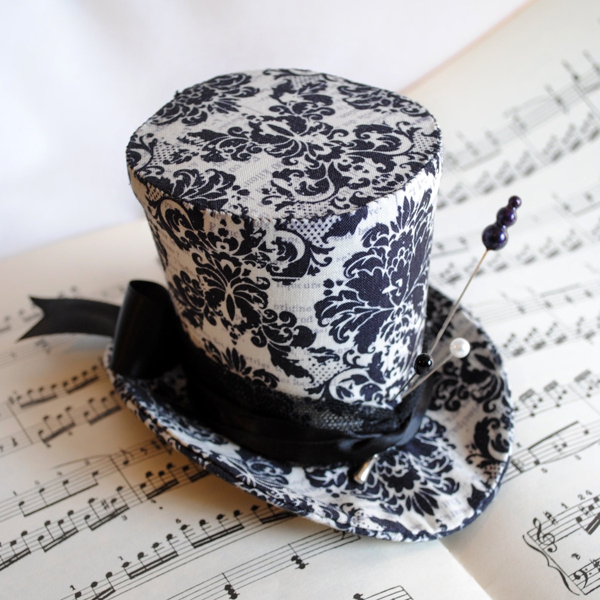Gothic Voodoo Mini Top Hat in Black and White Damask - Made to Order