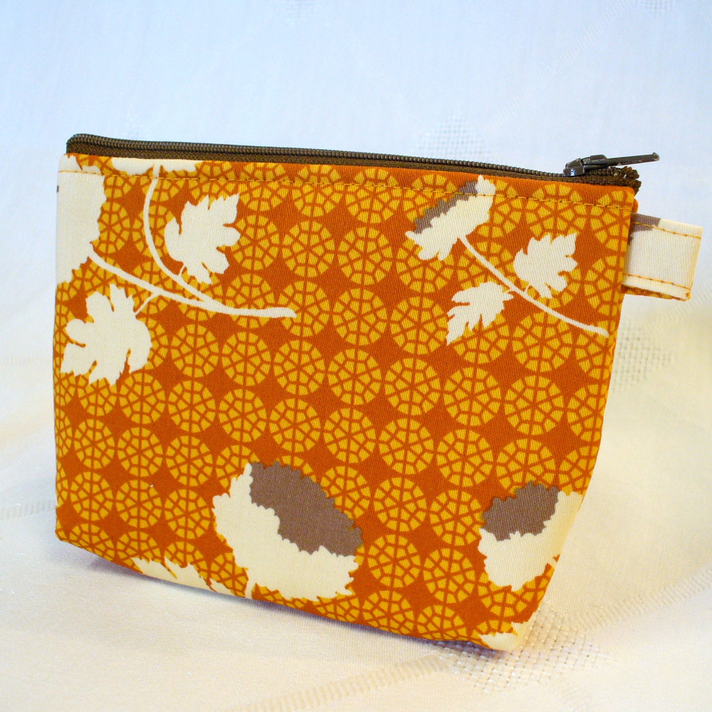 Gadget Bag Cosmetic Bag Joel Dewberry Ginseng Fabric Zipper Pouch Makeup Bag Cotton Zip Pouch Tossed Flowers Pumpkin Orange  Handmade MTO