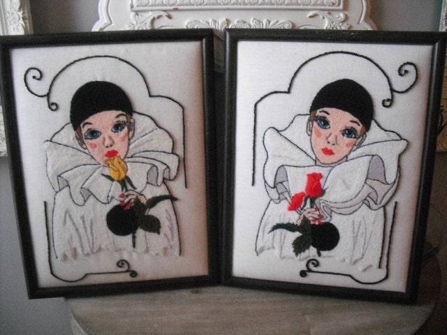 2 Dramatic Black white embroidered Pierrot Harlequin wall hangings ... Red and Yellow rose Embroidery