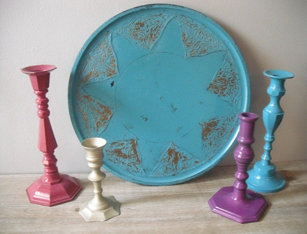 Upcycled   - Turquoise PUNCH - Vintage Brass Candle Holder Collection - Tray - BOHO Chic Aqua