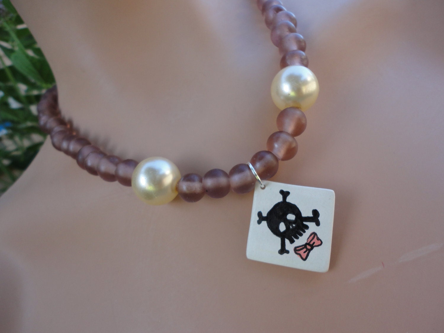 pink skull hand-painted tile necklace - 188