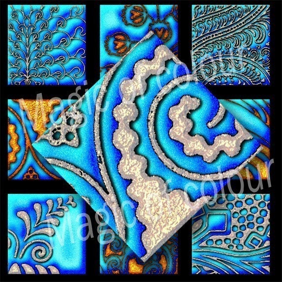 Digital Collage of Original Blue and Orange Modern Patterns  - 63  1x1  Inch Square JPG images - Digital  Collage Sheet