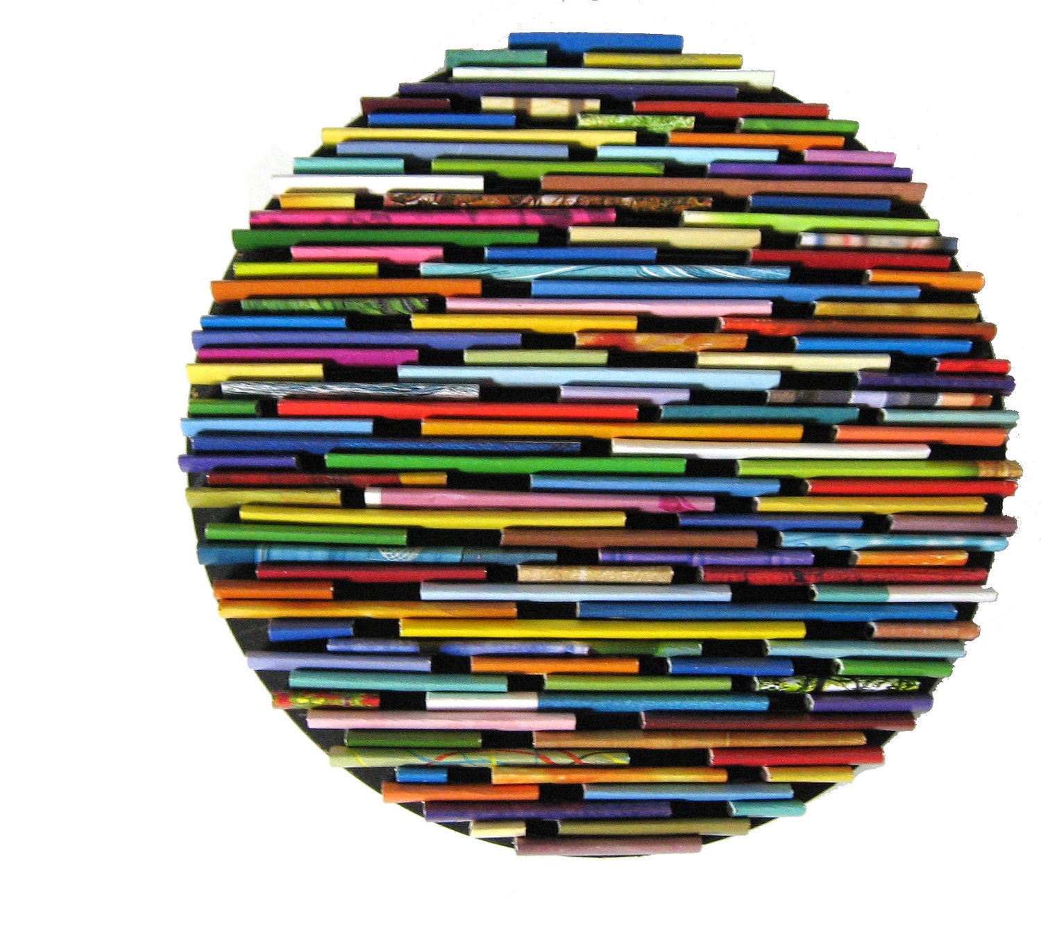 round wall art- made from recycled magazines, colorful, unique 6 inch circle