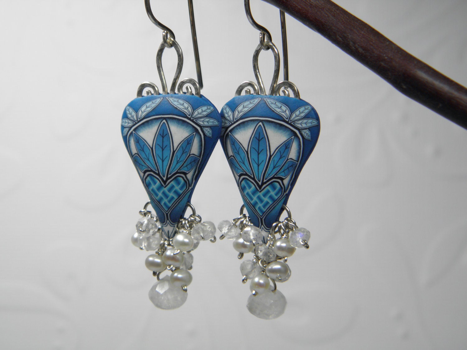 RESERVED-Millefiori Polymer Clay Heart Weave Dangle Earrings with Moonstone and Pearls