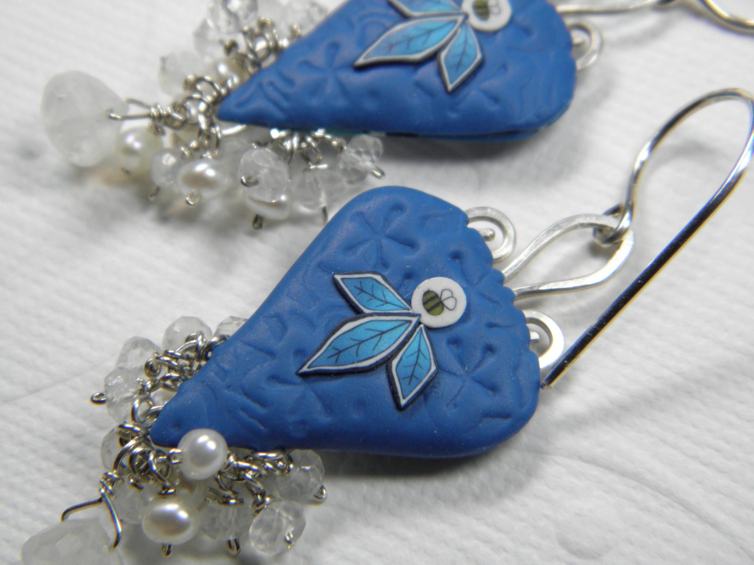 RESERVED-Millefiori Polymer Clay Heart Weave Dangle Earrings with Moonstone and Pearls