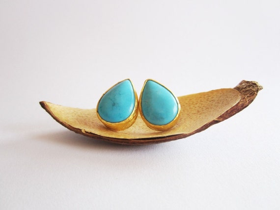 Drop Turquoise Stud Earrings Gold Plated