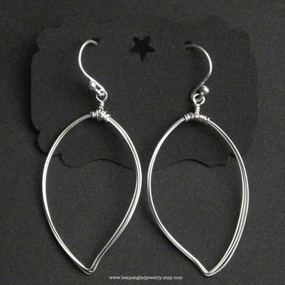 Medium Leaf Shaped Sterling Silver Wire Wrapped Hoop Earrings