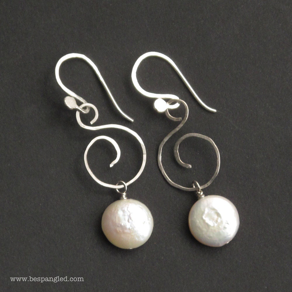 White Coin Pearl Sterling Silver Spiral Earrings, Handforged Hammered and Brushed, Oxidized / Antique Finish