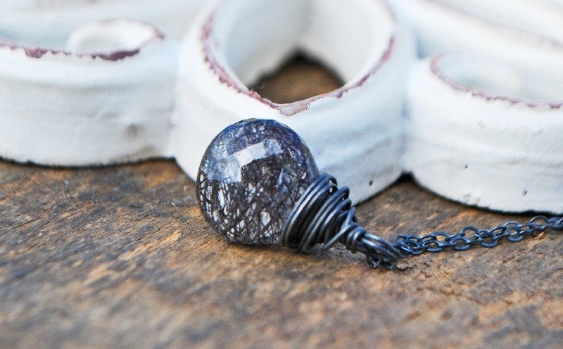 Tourmalinated Quartz Heart Briolettes on Oxidized Sterling Silver - Shattered Necklace