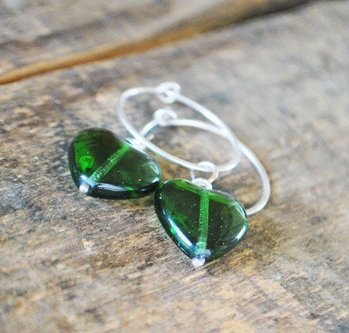 Moss Green Czech Glass Hearts on Sterling Silver Handmade Hoops - Spring Love Earrings