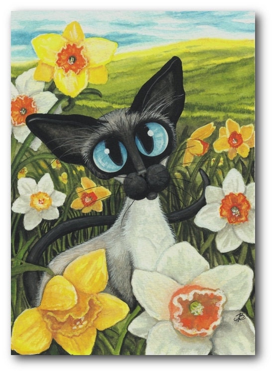 Daffodils Spring Easter Siamese Cat ArT - 5x7 Print by AmyLyn Bihrle - AmyLynBihrle