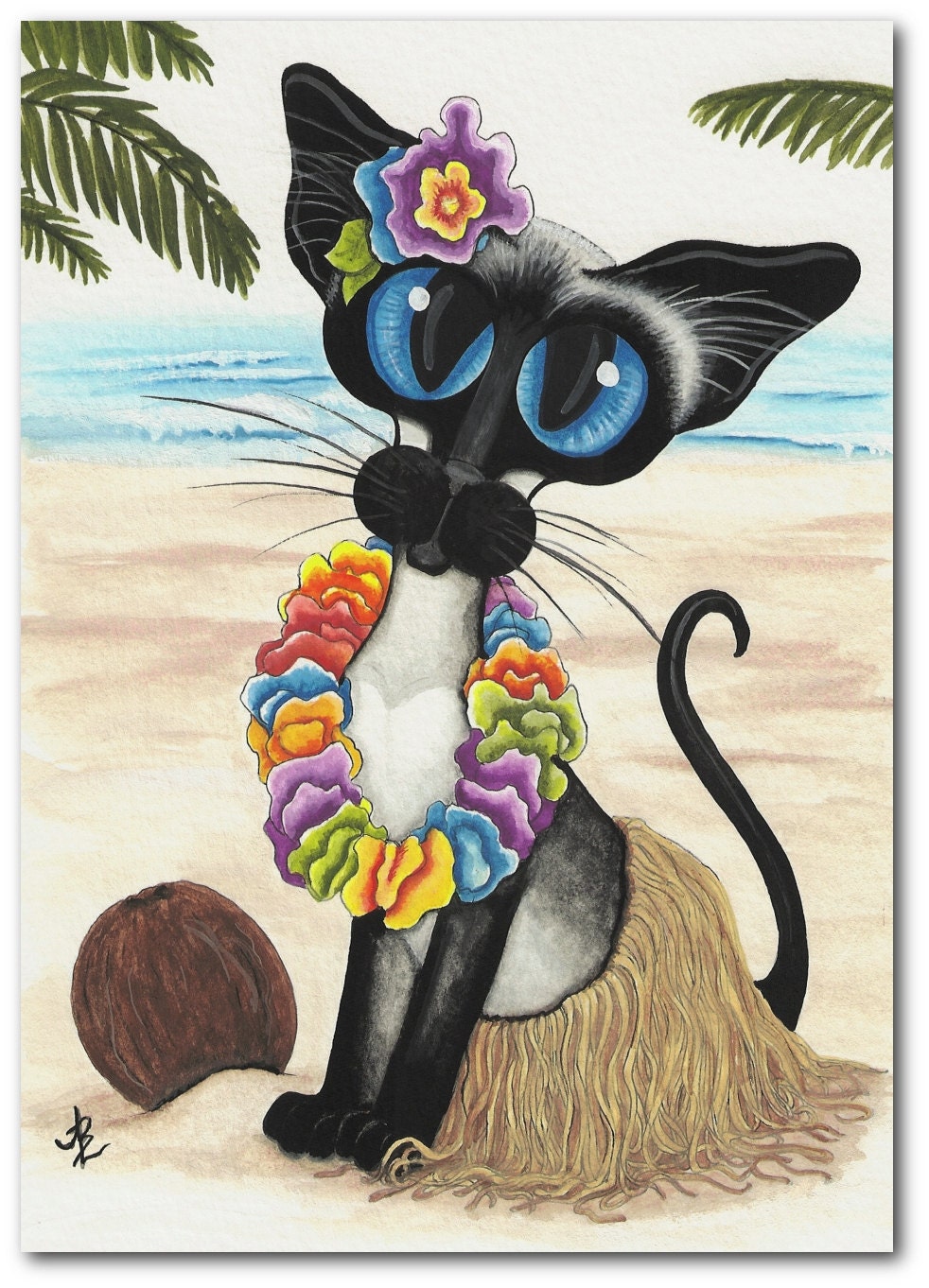 Siamese Cat - Hawaiian Luau- Coconut Beach ArT - 5x7 Print by AmyLyn Bihrle