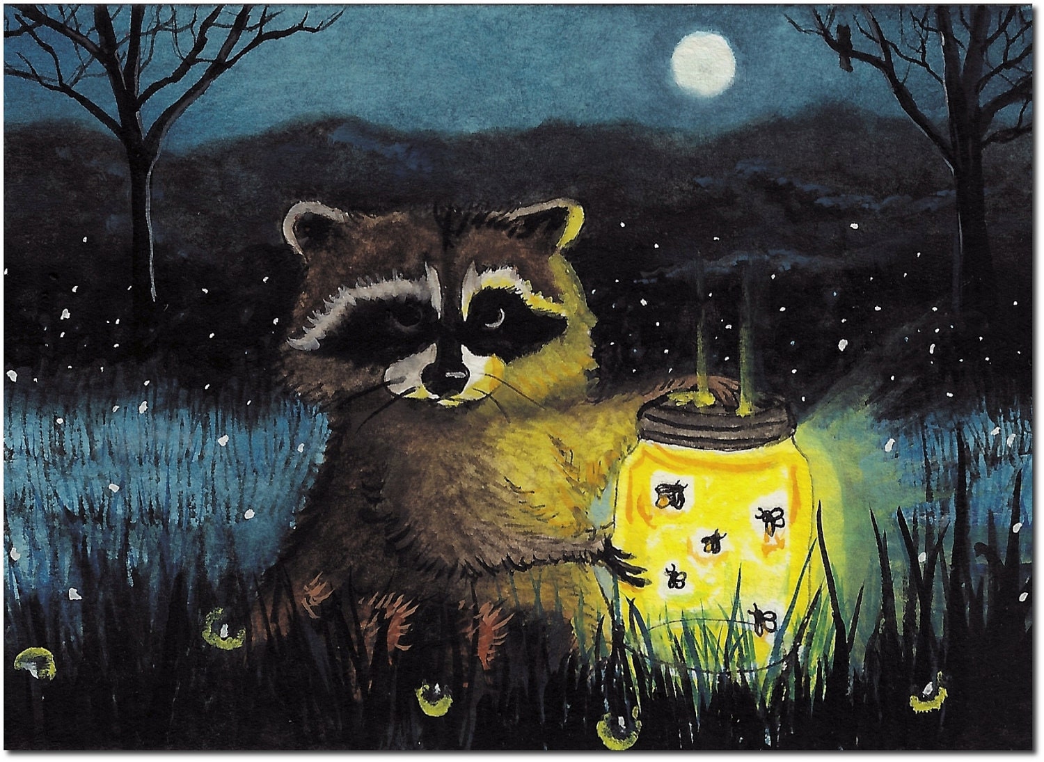 Raccoon Fireflies Nature Painting Artwork -  5x7 Print by AmyLyn Bihrle