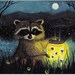 Raccoon Fireflies Nature Painting Artwork -  5x7 Print by AmyLyn Bihrle