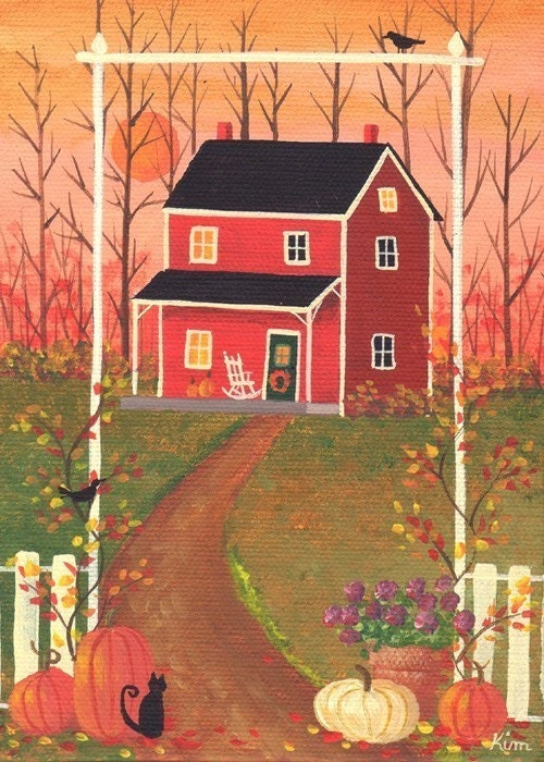 Welcome Autumn Cottage Folk Art Print