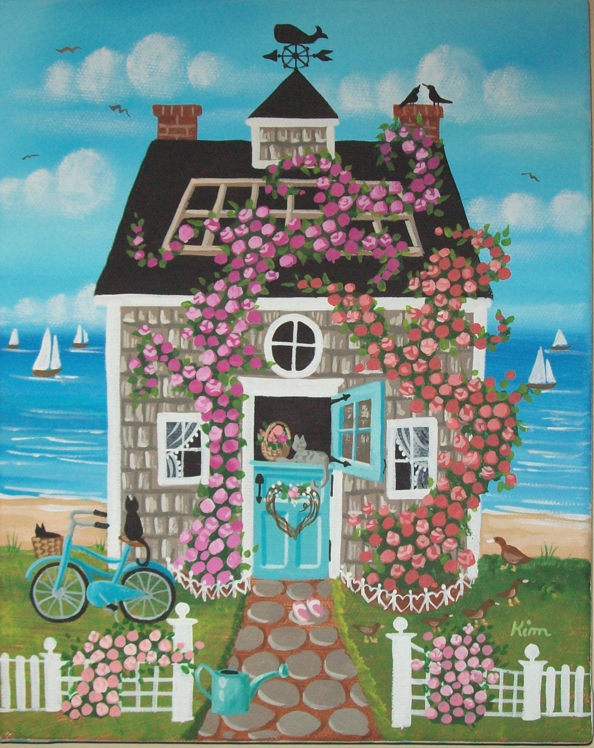 Nantucket Rose Cottage Folk Art Print
