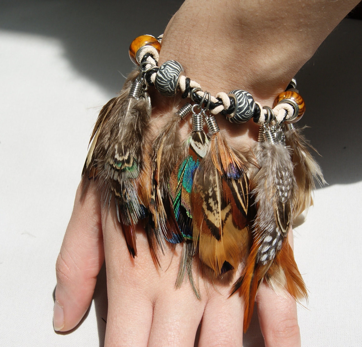 Tribal Pheasant Feather,Leather Bracelet with Boho Glass Beads, OOAK design