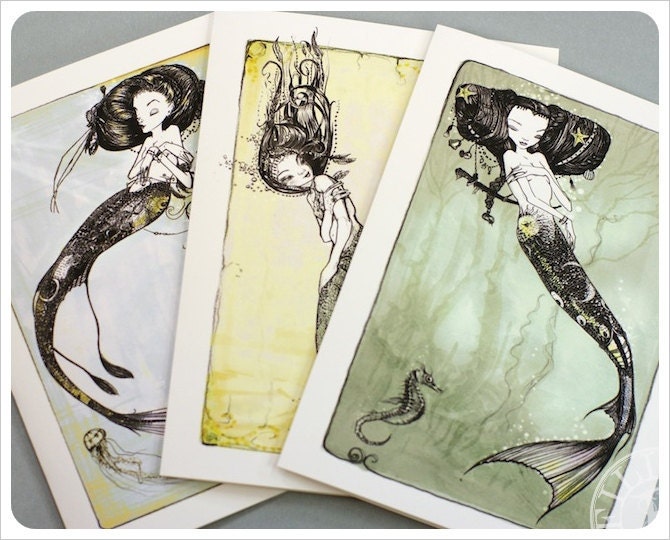 3 Mermaid Cards - Fairy Tale - Fantasy Note Cards - Art Cards - blank cards - Fairy Tale Art by the Filigree
