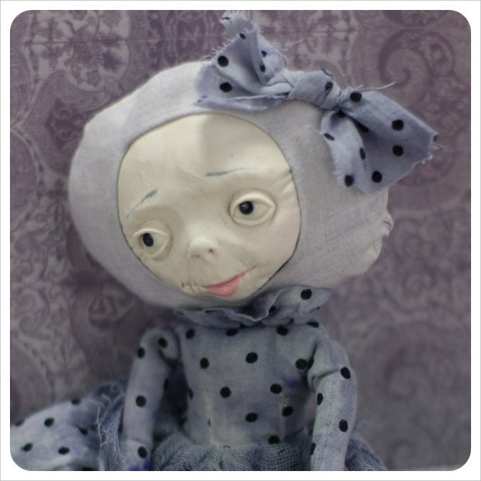 REserved- OOAK Art Doll - Fairy Tale Fantasy Folk Art- GLOW Graveyard Fancy with Fly Friend - Purple Lilac Black Polka -