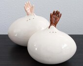Hands Emerging from Egg Salt and Pepper Shakers - Reach Out and Touch Someone