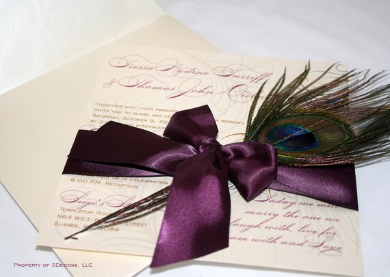 Peacock Wedding Invitations - Real feather - No pocket Il_570xn
