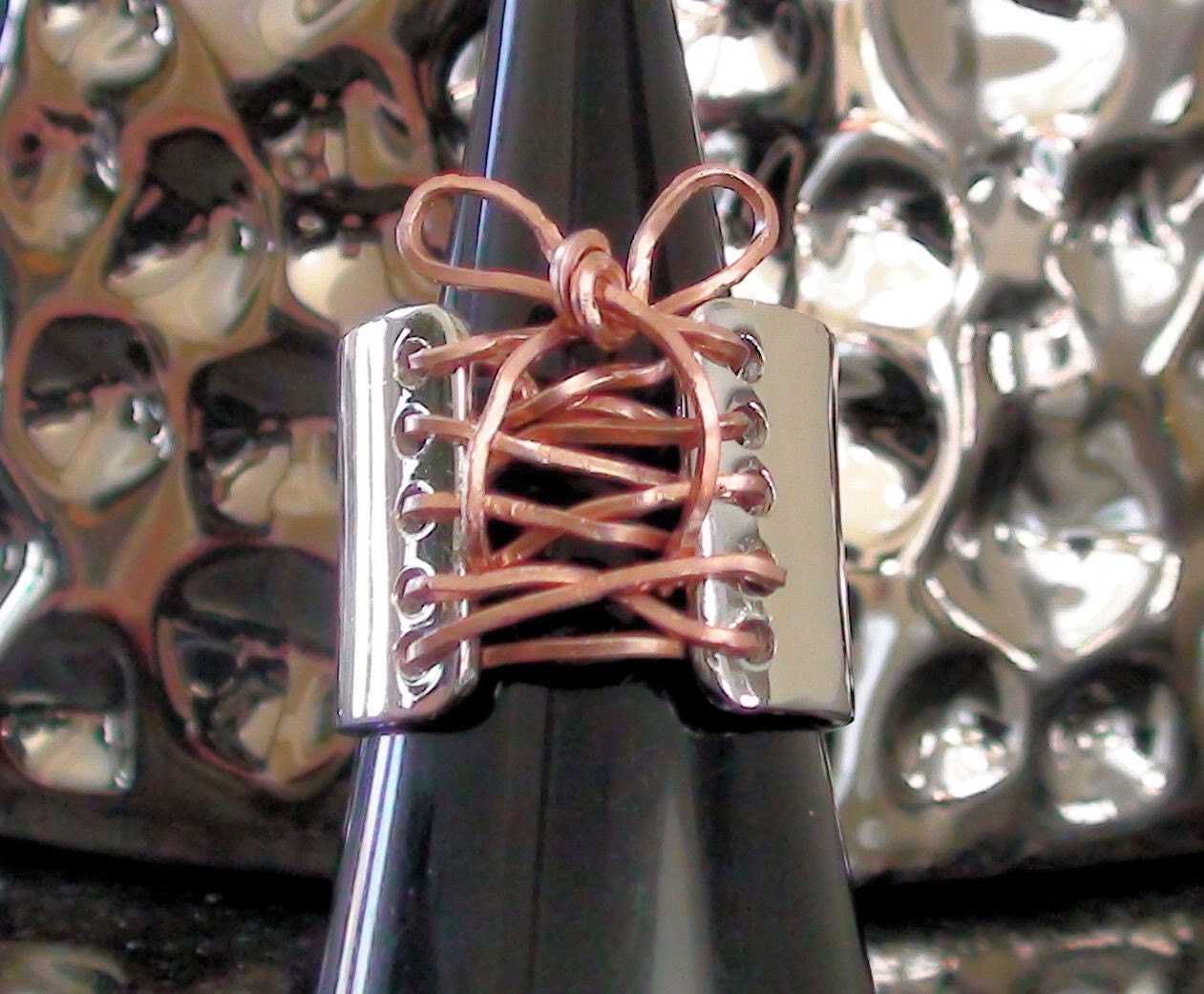 Wide Band Corset Ring Copper Wire & Sterling Silver