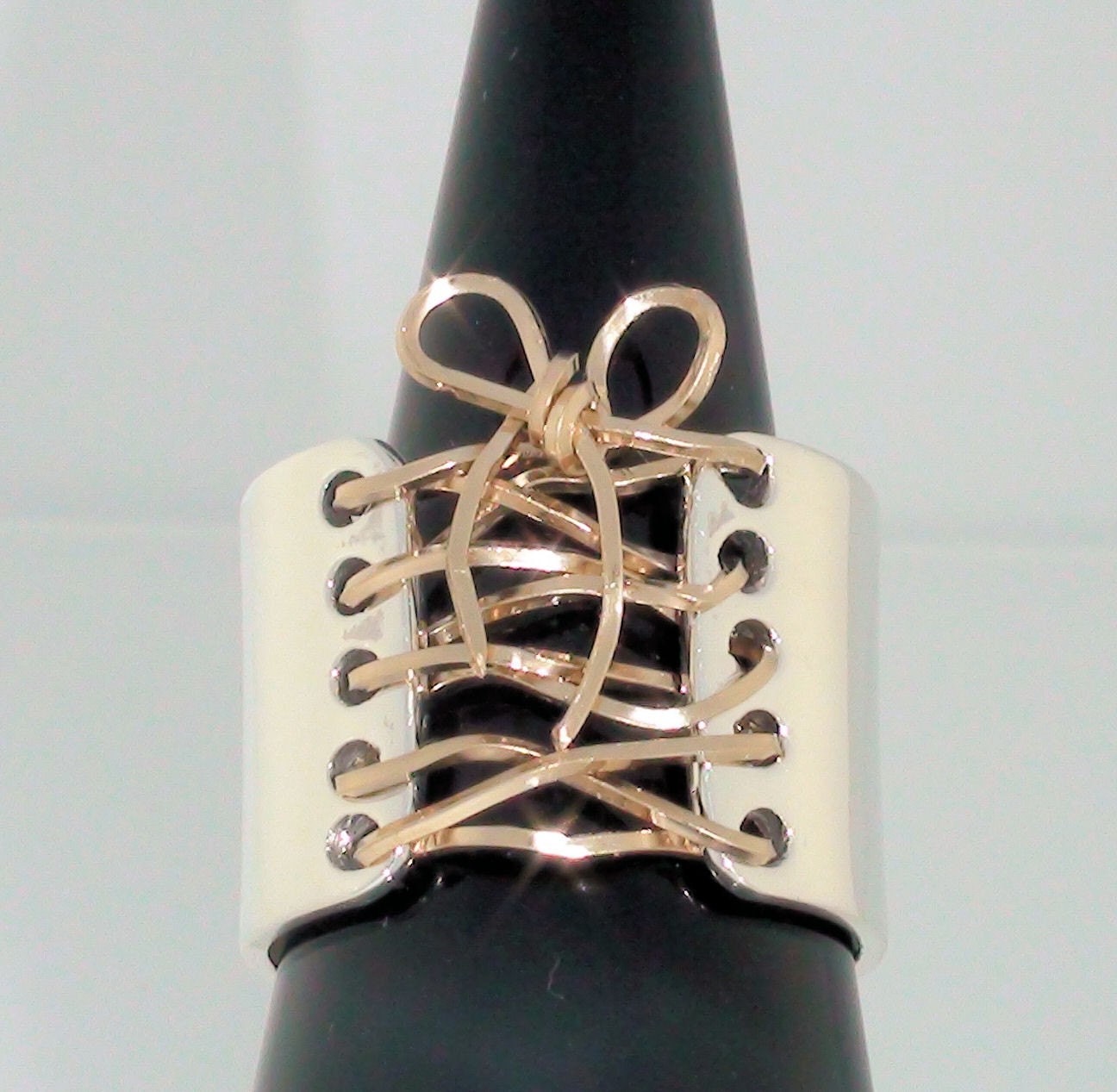 Wide Band Corset Ring Sterling Silver 14K Gold with Bow Free Shipping