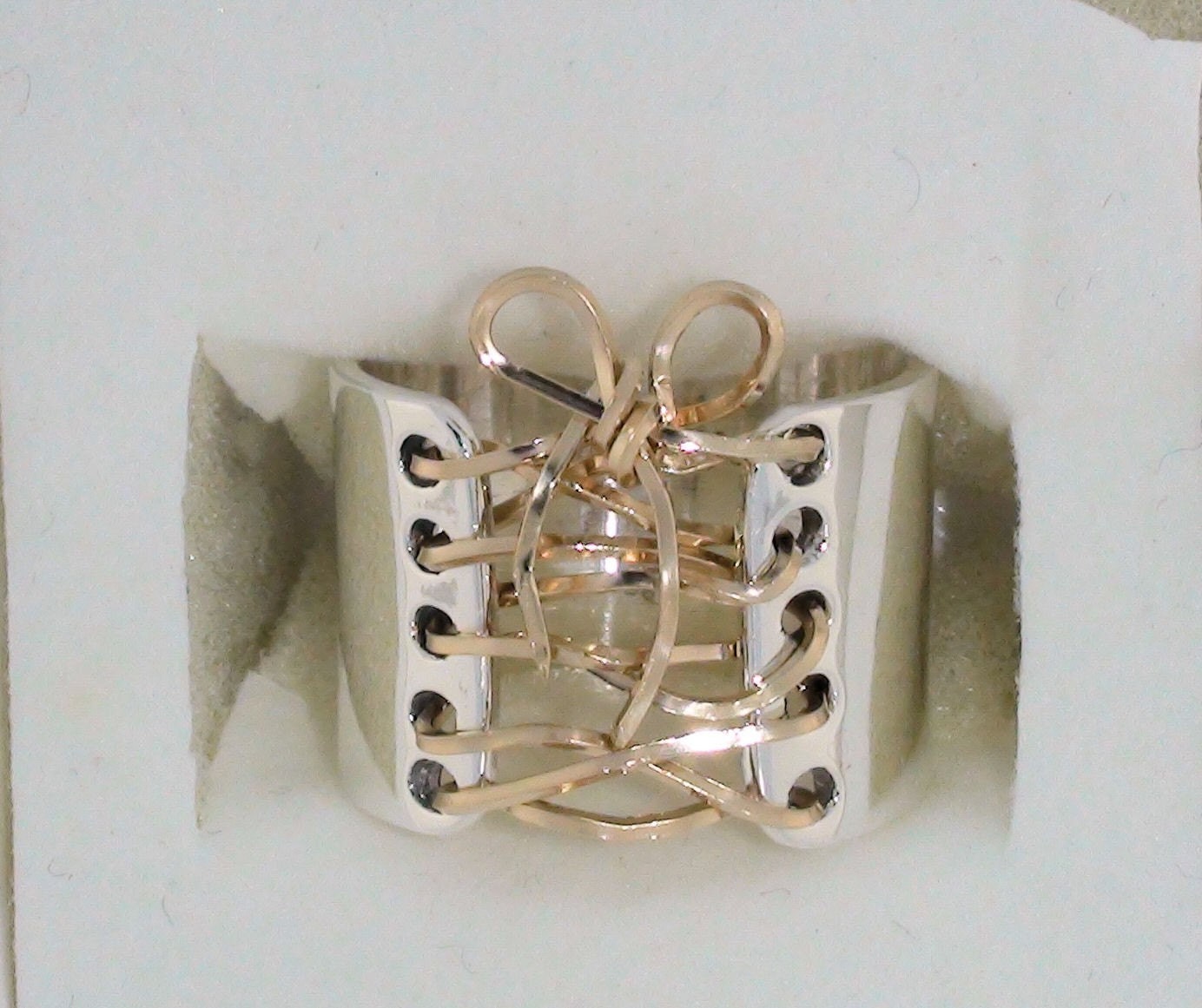 Wide Band Corset Ring Sterling Silver 14K Gold with Bow Free Shipping