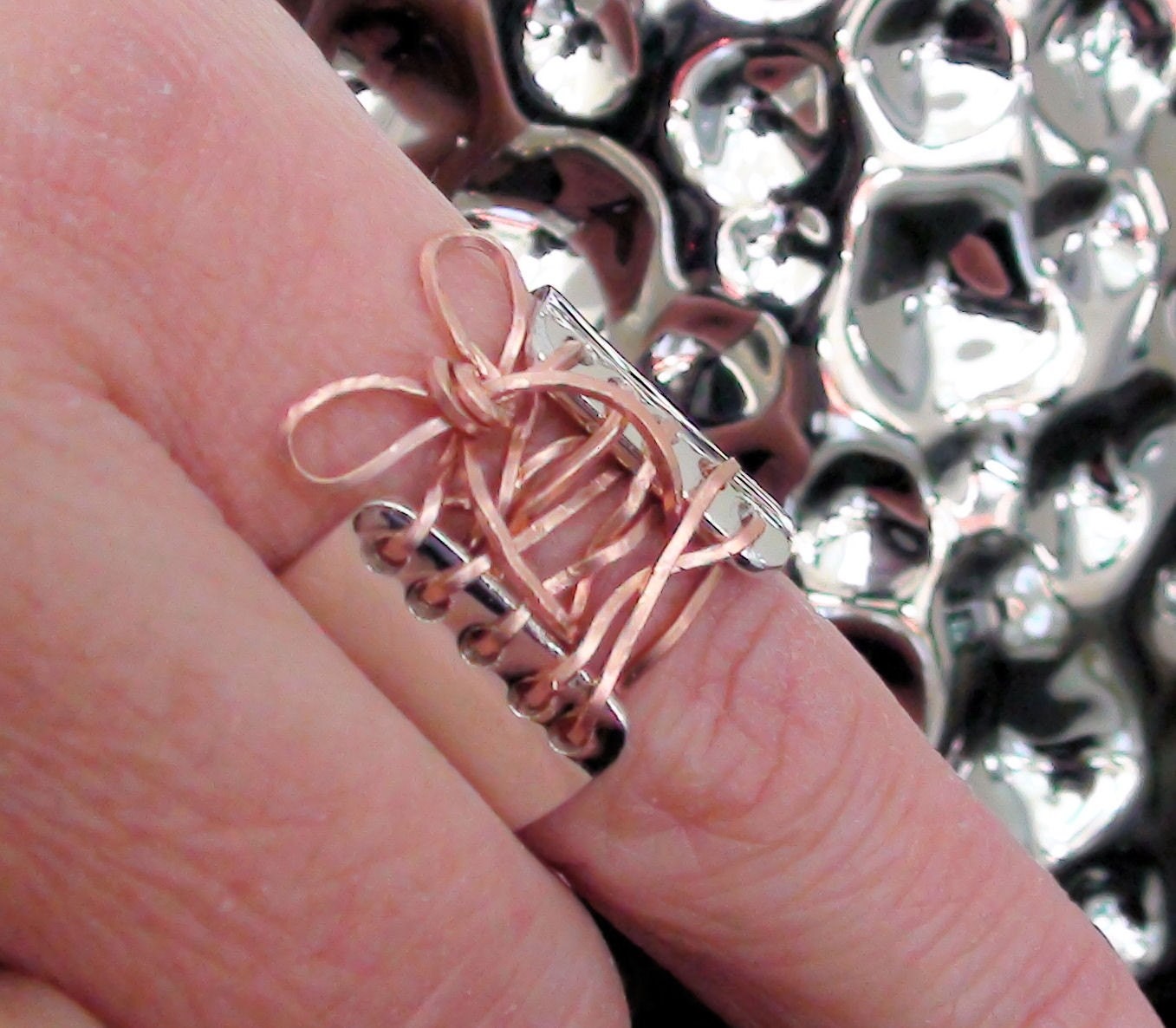 Wide Band Corset Ring Copper Wire & Sterling Silver