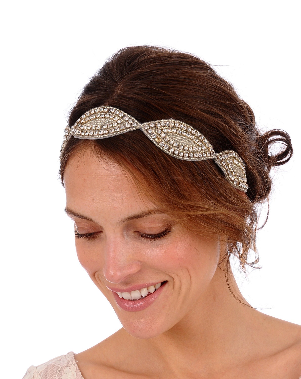 125 - Calista Headband - Oval Rhinestone Beaded Headband or Halo, wedding head piece, bohemian, crystal headband, vintage