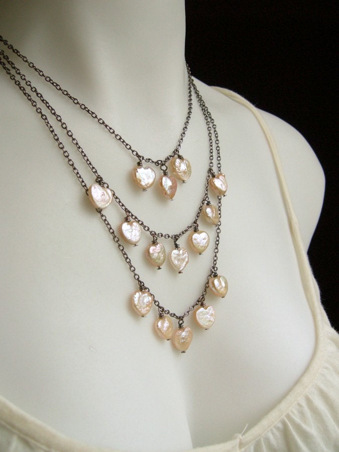Wedding  Pale Pink Freshwater Pearl Heart Tiered Bib Necklace - Much Love.