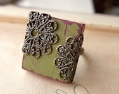 Olive Green and Filigree Shabby Chic Adjustable Scrabble Tile Ring - Olivine