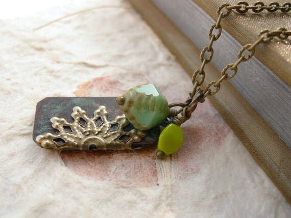 Filigree and Patina Tag Pendant with Czech Glass Necklace - The Palisades.
