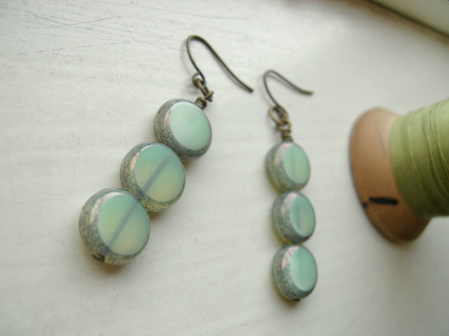 Mint Green Czech Glass Dangle Earrings on Antiqued Brass - The Submersible