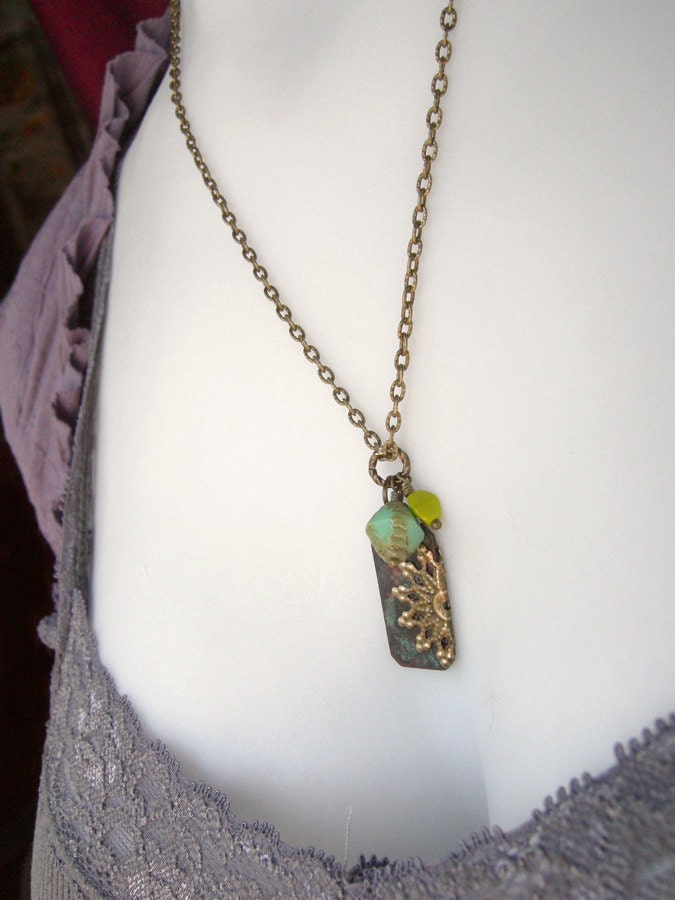 Filigree and Patina Tag Pendant with Czech Glass Necklace - The Palisades.
