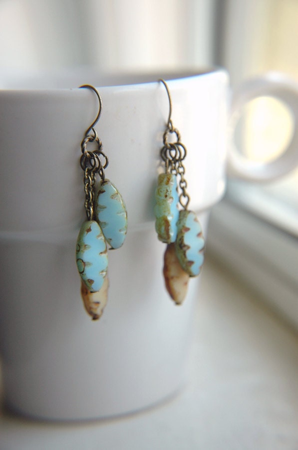 Boho Chic Light Turquoise & Tan Etched Czech Glass Dangle Earrings - Hot Spring.